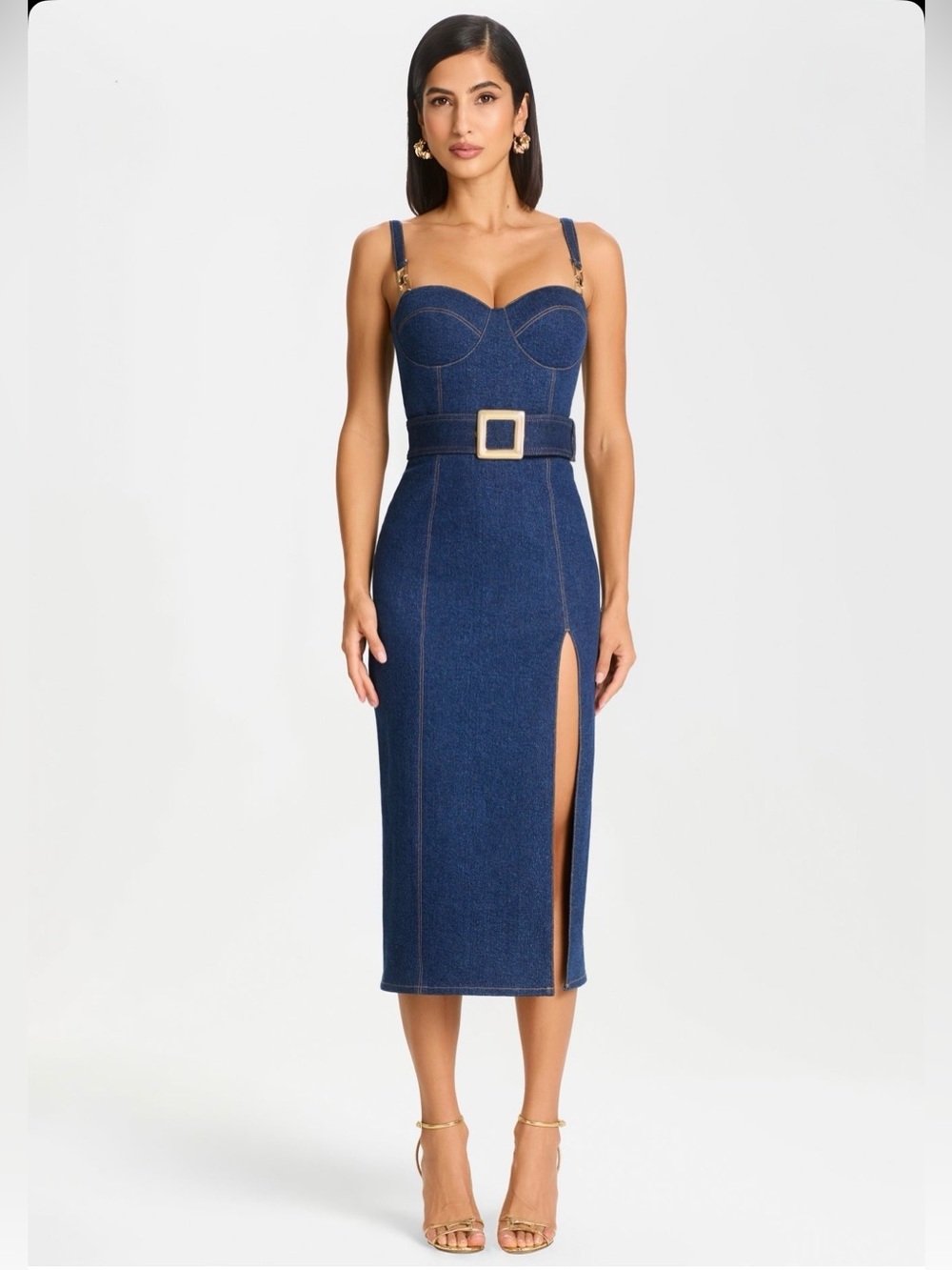 NADINE MERABI Jenna Denim Blue Structured Belted Midi Dress w High Side Slit